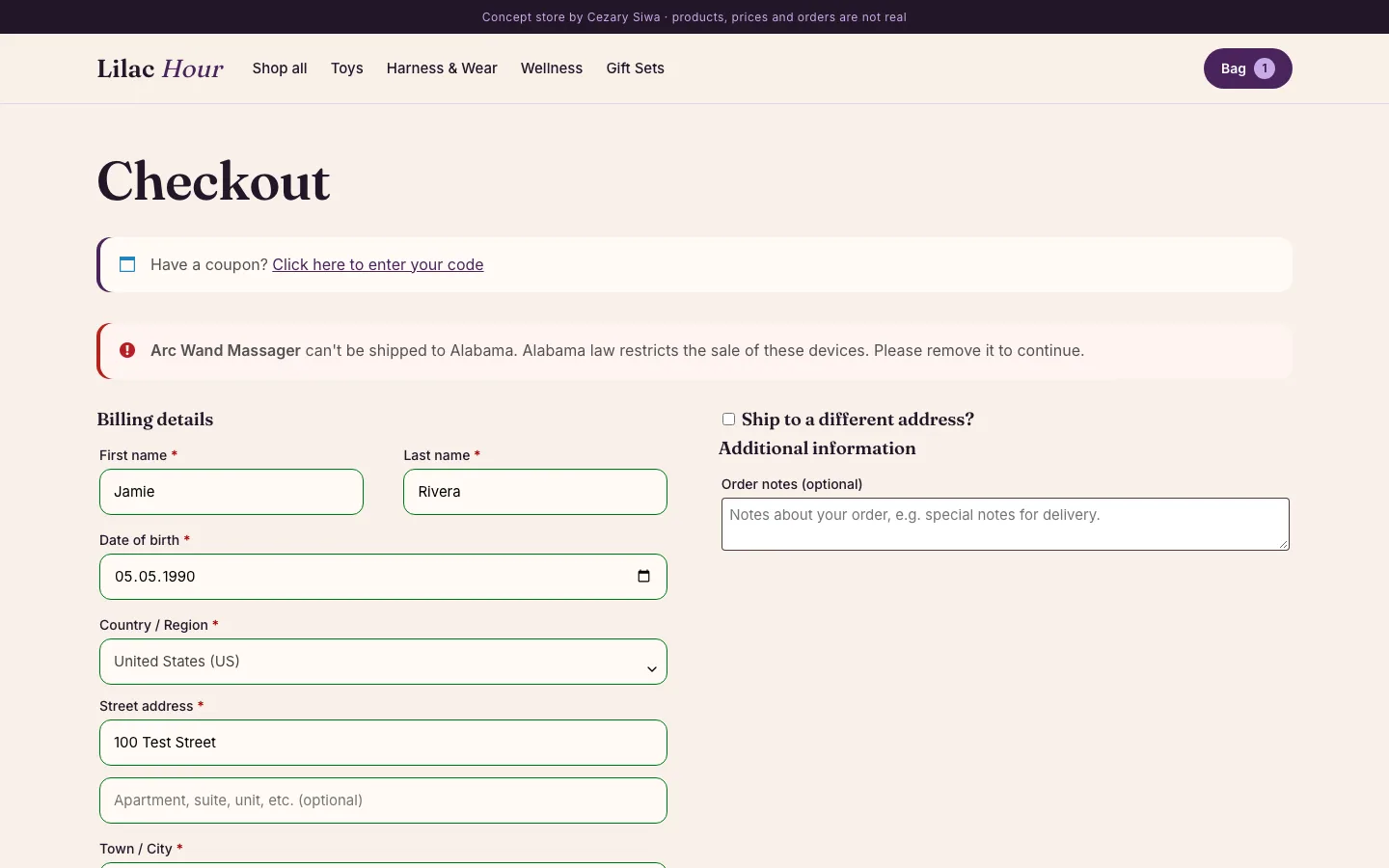 Checkout blocking a toy from shipping to Alabama, with the date-of-birth field