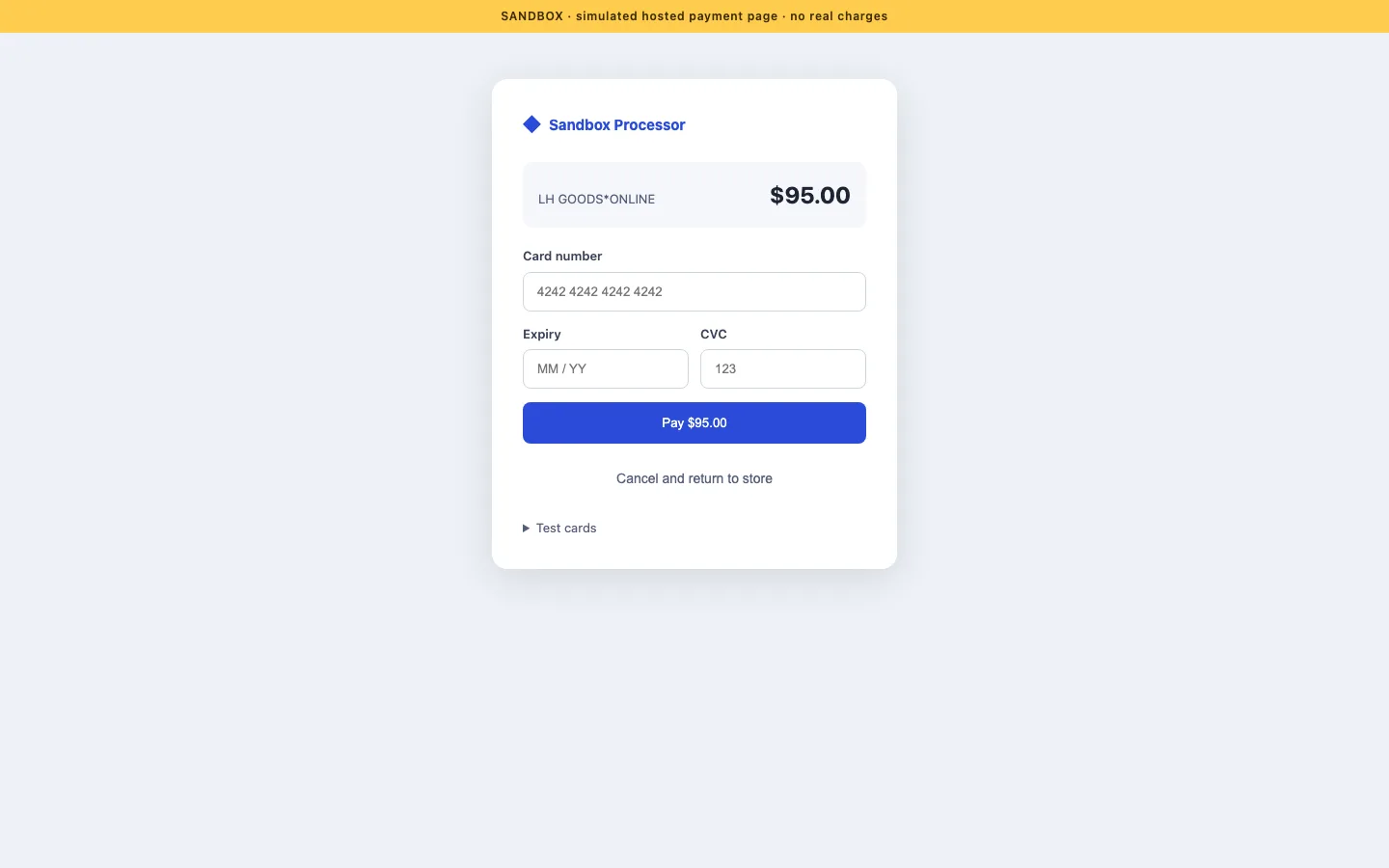 Sandbox hosted payment page showing the discreet descriptor and order total
