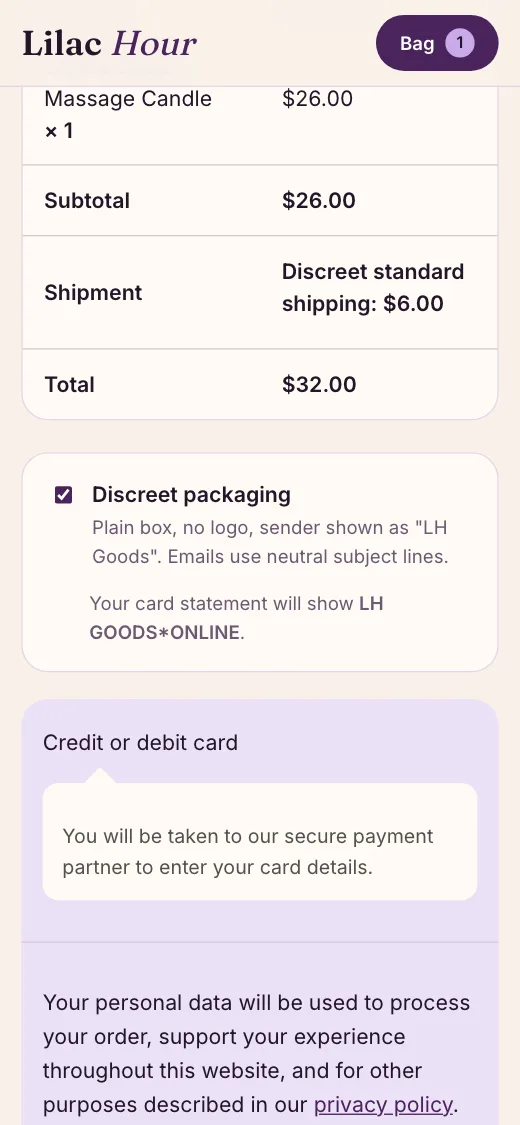 Discreet packaging option and card descriptor at checkout on a phone