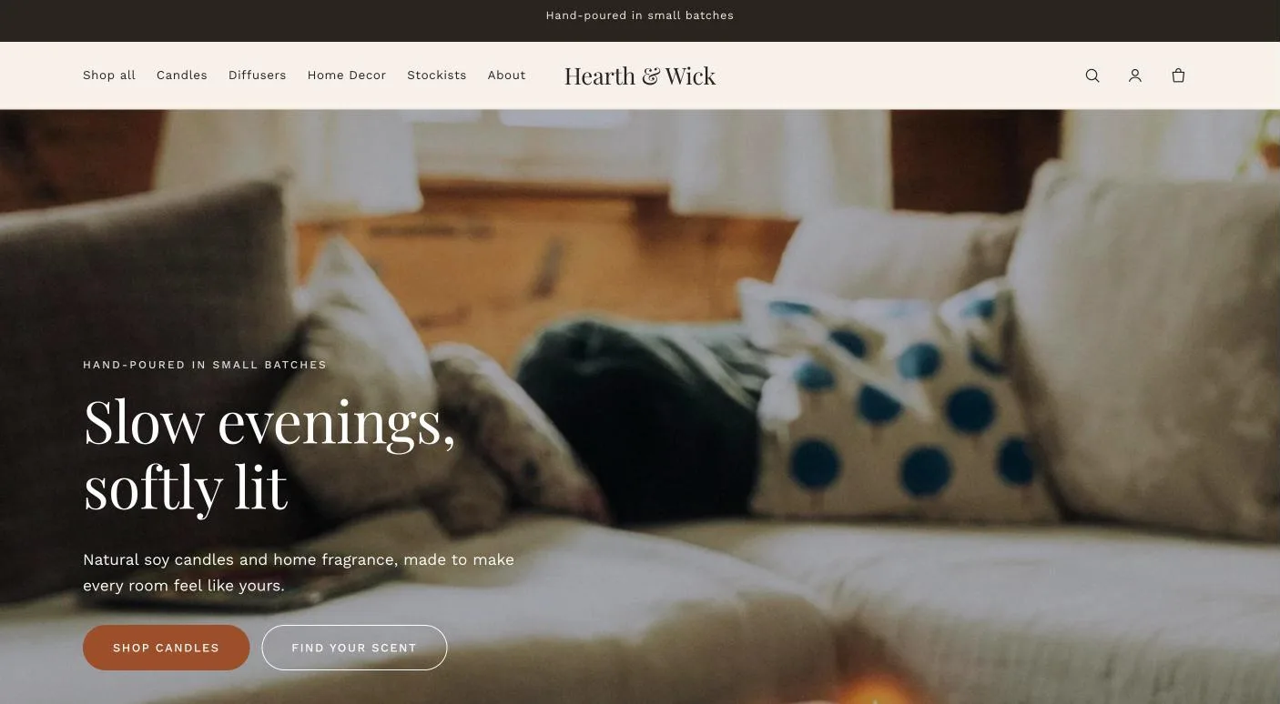 Lumen demo store homepage with a cozy living-room hero