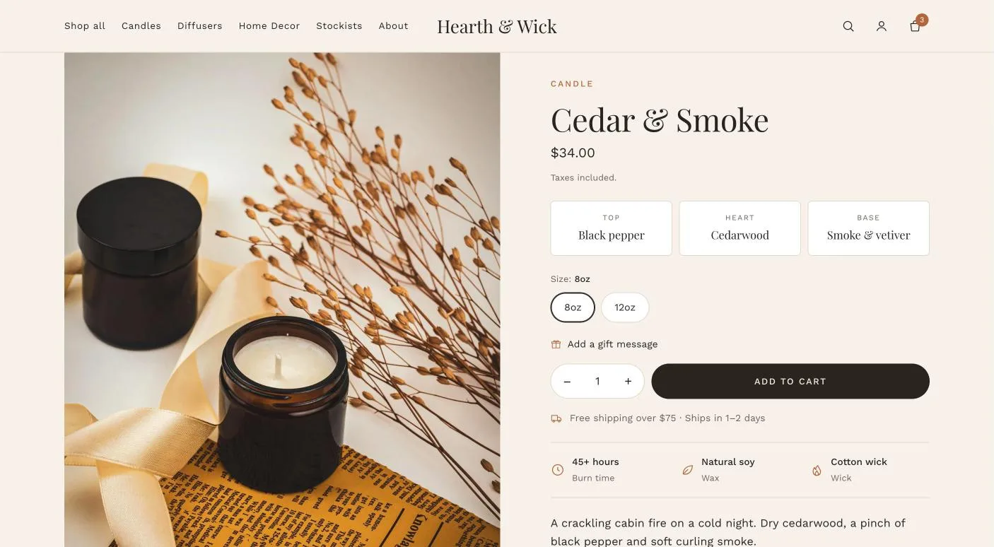 Product page with top, heart and base scent notes, size pills and candle details