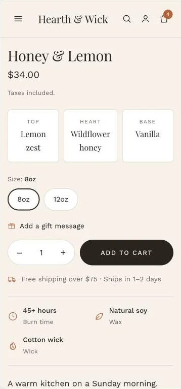Product page with scent notes on a phone