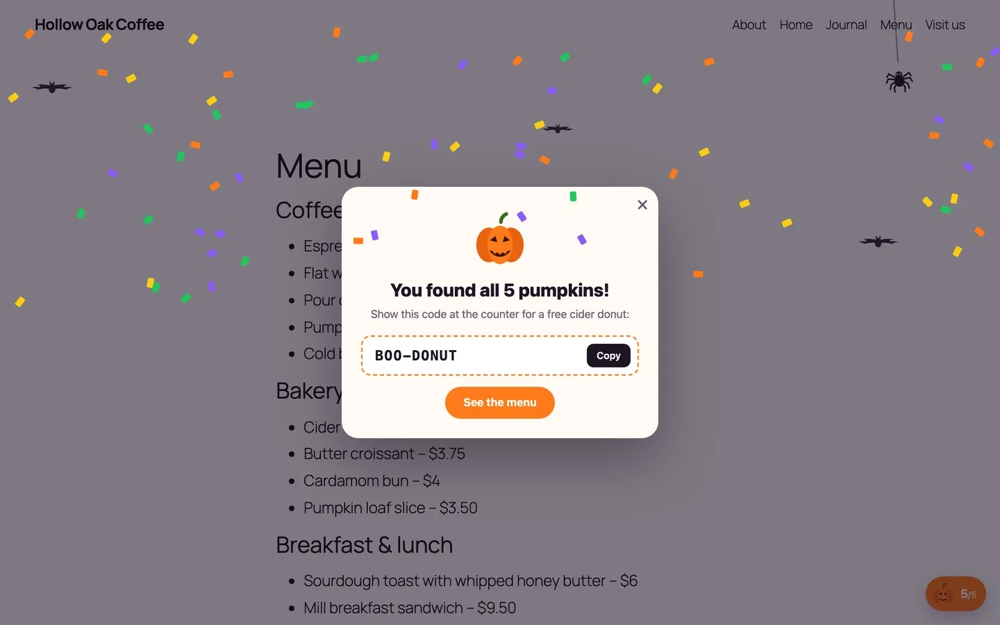 Reward popup with a coupon code, Copy button and confetti
