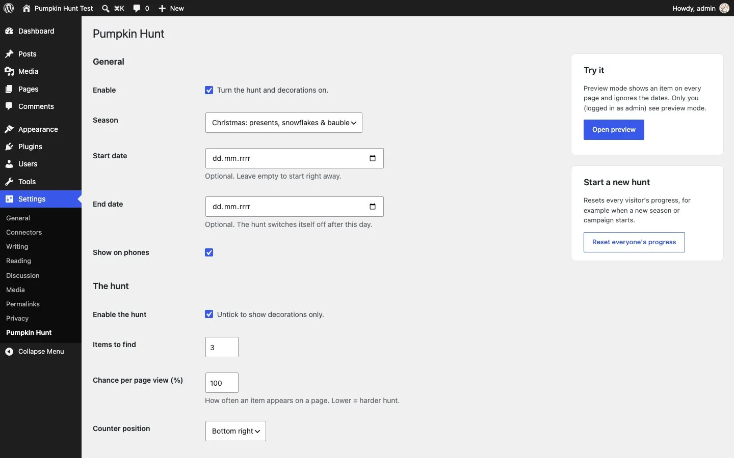 Plugin settings page in the WordPress admin